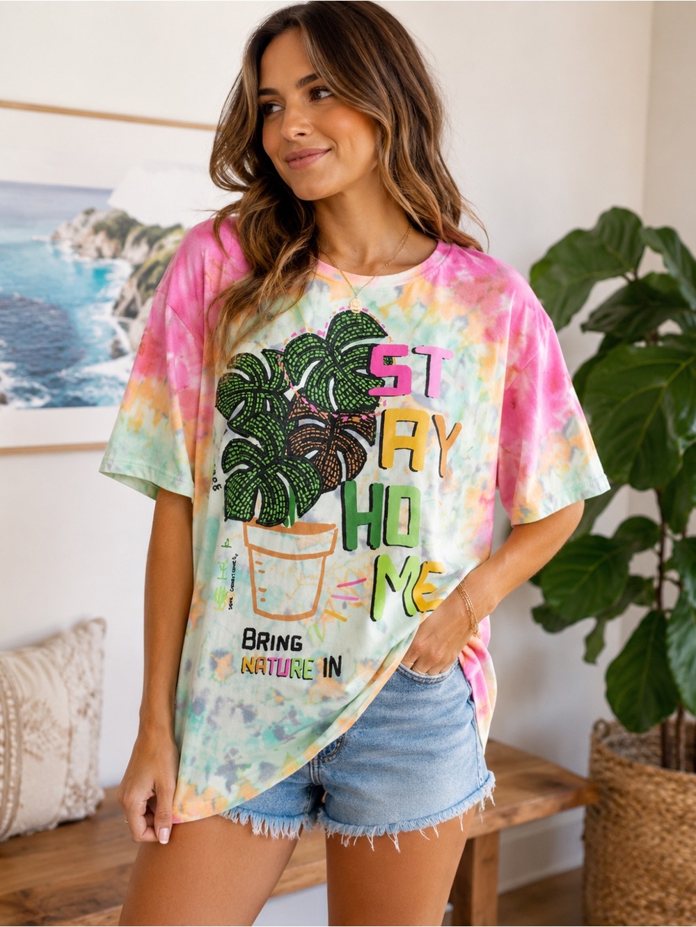 Farm Rio Stay Home Bring Nature In Tie Dye Oversized Graphic Tee XS